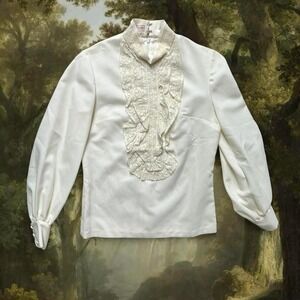 Vintage 1970s Ivory Lace Ruffle Blouse - Victorian Revival Ruffle Tuxedo Top S/M